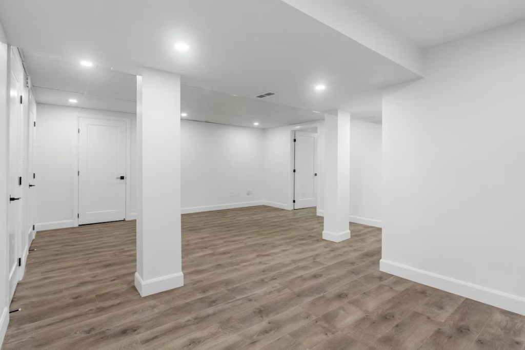 Completed basement project with white walls and wood floors.